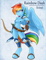 2015 ambris anthro anthrofied blue_fur bow bow_(weapon) breasts casual equine female friendship_is_magic full-length_portrait full_length fur hair mammal melee_weapon multicolored_hair my_little_pony navel nipples pegasus pink_eyes portrait pussy rainbow_dash_(mlp) rainbow_hair ranged_weapon smile solo standing straight_hair sword weapon wings