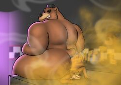 anthro ass bear big_butt butt_crush clothing duo extreme_size_difference fart fart_fetish fart_sniffing farting_on_another five_nights_at_freddy's freddy_(fnaf) gassy hat hat_only headgear headgear_only headwear headwear_only hi_res lesicko male male/male mammal mostly_nude musk musk_clouds mustelid otter scottgames sitting sitting_on_another size_difference slightly_chubby slightly_chubby_anthro slightly_chubby_male smelly sniffing thick_thighs