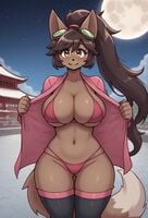 1girls aged_up ai_generated big_breasts bikini breasts cleavage female female_focus female_only flashing_at_viewer fox_ears fox_girl fox_tail furry furry_female furry_only furry_tail kanako_(undertale_yellow) kanako_ketsukane long_hair looking_at_viewer thick_thighs thighs undertale undertale_yellow