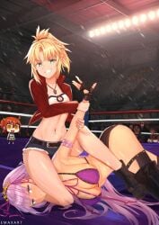 absurdres ass bb_(fate) bikini breasts catfight emaxart fate/apocrypha fate/grand_order fate_(series) fujimaru_ritsuka_(female) highres jacket large_breasts mordred_(fate) multiple_girls self-upload shiny_skin shorts swimsuit thighhighs wrestling wrestling_ring