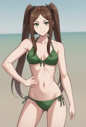 1girls ai_generated beach bikini brown_hair drag-on_dragoon_3 drakengard_3 female four_(drag-on_dragoon) four_(drakengard) green_bikini green_eyes hand_on_hip long_hair looking_at_viewer pale-skinned_female possing smile twintails