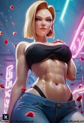 ai_generated big_breasts blonde_hair blue_eyes c18aiart dbz dragon_ball dragon_ball_super dragon_ball_z dragon_girl jeans leaning_back nude oil oiled on_back pornlandlord sex spread_legs sweat sweaty tongue tongue_out vaginal_penetration