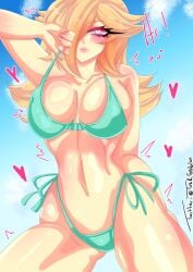 1girls 2023 artist_name artist_signature big_breasts bikini blonde blonde_female blonde_hair blonde_hair_female blue_sky breasts clothed clothing dialogue english_dialogue english_text female female_only greeting hair hair_over_one_eye heart heart-shaped_pupils hearts hearts_around_body mario_(series) nintendo princess_rosalina pulling pulling_bikini_string solo super_mario_bros. super_mario_galaxy tagme text thong_bikini tuskgoblin