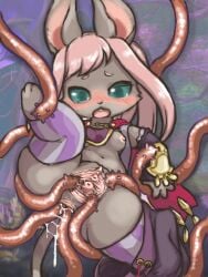 anal anal_sex anthro anus armwear blush bodily_fluids breasts buckteeth cape caravan_stories cervix clitoral_hood clitoris clothing cum cum_drip cum_in_ass cum_inside cum_on_tentacle cum_string detached_sleeves detailed_background diru dripping exposed_breasts female female_anthro fur game_background genital_fluids genitals glistening glistening_hair glistening_tentacles green_eyes grey_body grey_fur hair hi_res inner_labia lagomorph legwear leporid lifting long_hair long_tail looking_down mammal navel nubbed_tentacles one_leg_up open_mouth pattern_clothing pattern_legwear penetration photo_background photography_(artwork) pink_hair rabbit raised_leg sex solo spread_legs spread_pussy spread_vulva spreading striped_clothing striped_legwear stripes tail teeth tentacle tentacle_in_ass tentacle_penetration tentacle_sex thigh_highs undressed urethra vaginal vaginal_penetration vulva