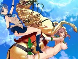 2girls ami_mizuno arion_canvas belly_riding bishoujo_senshi_sailor_moon bondage boots bound_together breasts female fine_art_parody high_heel_boots horse knee_boots large_breasts leashed_to_genitals makoto_kino napoleon_crossing_the_alps nipples parody riding_horse sailor_jupiter sailor_mercury sky source_request undercarriage zoophilia