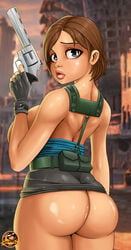 1girls ass belt blue_eyes breasts brown_hair capcom female female_only fingerless_gloves firearm gloves gun handgun harness human jill_valentine jill_valentine_(julia_voth) large_breasts looking_back resident_evil resident_evil_3 revolver short_hair skirt skirt_lift solo standing straps tube_top tubetop violent_mussel weapon