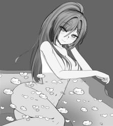 1girls artist_request blush hot_spring long_hair looking_at_viewer miori_celesta monochrome pool smile solo_female solo_focus virtual_youtuber