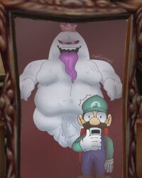 2boys anthro balls belly bodily_fluids boo_(mario) brown_hair camera clothed clothing crown digital_media_(artwork) duo erection erection_under_clothing facial_hair genitals ghost gloves green_clothing hair handwear hat headgear headwear hi_re humanoid_genitalia king_boo luigi luigi's_mansion male male/male mammal mario_(series) mirror moustache nintendo not_furry nude open_mouth overalls overweight overweight_anthro overweight_male penis ruffonaut sharp_teeth simple_background smile spirit sweat teeth tenting thick_thighs tongue vein veiny_penis