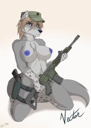 1futa black-husky blue_nipples breasts canine chest_tuft front_view fur furry futa_only futanari grey_fur gun hair handgun hat holding holding_gun intersex intersex_only kneeling mammal military open_eyes original_character pinup pistol pose purple_eyes ranged_weapon rifle smirk solo spots tan_hair testicles tuft vector_(black-husky) weapon wolf