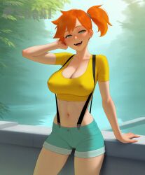 ai_generated covered_nipples cowboy_shot crop_top kasumi_(pokemon) nature open_mouth outdoors pokemon seacreator shorts smile solo standing