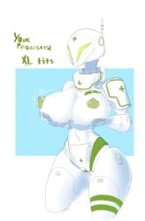 areola artlegionary big_breasts breasts english_text female genitals green_eyes holding_breast huge_breasts humanoid machine nipples presenting puffy_areola puffy_nipples pussy robot simple_background solo text thick_thighs tourniquet_(artlegionary) wide_hips