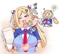 ;d aki_rosenthal aki_rosenthal_(1st_costume) blonde_hair blue_shrug blush bob_cut breasts burp censored closed_eyes collared_shirt cropped_torso cum cum_in_container cum_in_cup cum_in_mouth cup detached_hair ejaculation female gloves gokkun headgear holding holding_cup hololive imomushi_(artist) large_breasts long_hair mosaic_censoring necktie one_eye_closed parted_bangs penis red_necktie shirt short_hair smile sound_effects stomach_(organ) thought_bubble twintails virtual_youtuber white_gloves x-ray