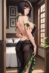 ai_generated ass big_breasts black_hair bob_cut curvy_figure female god_eater large_breasts looking_at_viewer on_back pale-skinned_female red_eyes smile tachibana_sakuya transparent_clothing