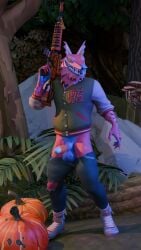 3d_(artwork) andy_fangerson anthro assault_rifle balls blender_cycles canid canine clawed_hands clothed clothing digital_media_(artwork) epic_games erection food fortnite fruit fur genitals glans hi_res letterman_jacket male mammal multicolored_body multicolored_fur outside pants_down partially_clothed pat3awelitas300 penis pinata plant pumpkin smile solo standing torn_legwear weapon wolf