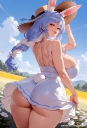 1girls ai_generated animal_ear_fluff animal_ears ass balecxi bare_shoulders blue_hair braid breasts bunny_ears curvy dress female field flower from_behind hololive huge_ass huge_breasts kemonomimi long_hair looking_at_viewer looking_back mature_female multicolored_hair outdoors pekomama rabbit_ears rabbit_girl rabbit_tail red_eyes sky smile solo straw_hat sundress thick_eyebrows thick_thighs virtual_youtuber white_dress white_hair