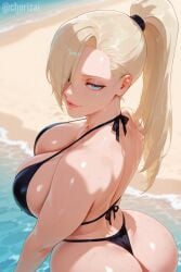 1girls ai_generated ass back_view bangs beach big_breasts bikini blonde_hair blue_eyes breast_focus breasts chorizai female female_only huge_ass ino_yamanaka kunoichi large_breasts light-skinned_female light_skin looking_at_viewer naruto naruto_(series) naruto_shippuden ninja ocean ponytail rear_view sfw sweat sweaty thick_ass thong thong_bikini yamanaka_ino