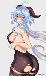 1girls blue_hair female ganyu_(genshin_impact) genshin_impact horn horns long_hair medium_breasts saecchi solo solo_female torn_clothes