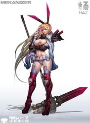 1girls belt blonde_hair blue_eyes boots breasts female female_only fingerless_gloves garter_straps gloves large_breasts lollipop long_hair navel nipples panties paul_kwon solo standing thighhighs very_long_hair weapon zeronis