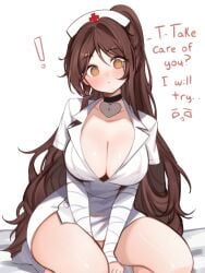 1girls big_breasts breasts brown_hair choker english_text exclamation_mark female female_focus female_only heart-shaped_pupils heart_choker hips indie_virtual_youtuber long_hair long_sleeves looking_at_viewer nurse red_cross sky_(skyaboveme) skyaboveme text thick_thighs thighs very_long_hair virtual_youtuber white_background white_sleeves yellow_eyes