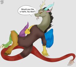 anthro big_penis cum discord_(mlp) draconequus english_text erection friendship_is_magic male male_only my_little_pony penis plain_background red_eyes solo straight_hair text wings zerogiratina