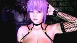 ayane_(doa) dead_by_daylight dead_or_alive fishnet_armwear focus male/female minotaur posing purple_hair red_eyes straight ublik