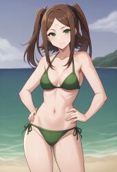 1girls ai_generated beach bikini brown_hair drag-on_dragoon_3 drakengard_3 female four_(drag-on_dragoon) four_(drakengard) green_bikini green_eyes hand_on_hip long_hair looking_at_viewer pale-skinned_female possing smile twintails