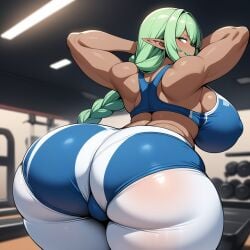 1girls ai_generated big_ass big_breasts big_butt braided_hair dark-skinned_female dumptruck_ass dumptruck_butt elf gigantic_ass green_hair gym huge_ass huge_breasts huge_butt large_ass large_breasts large_butt long_hair looking_at_viewer looking_back massive_ass massive_breasts massive_butt milf original original_character shiny_skin sports_bra thick_hips thick_thighs wide_hips wide_thighs