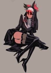 1male alastor_(hazbin_hotel) bulge hazbin_hotel nun nun_hat nun_outfit solo_male thighs thighs_together upside_down_cross