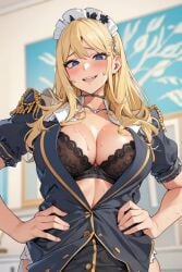 big_breasts blonde_female blonde_hair bra breasts busty_female female hot maid maid_uniform tight_clothes tight_clothing tight_dress