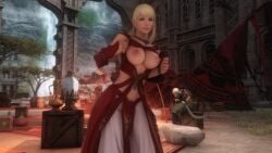 1girls 3d big_breasts blonde_hair clothed final_fantasy final_fantasy_xiv flashing flashing_breasts hard_nipples kyubisan large_breasts looking_at_viewer lyse_hext open_shirt outdoors ponytail public smile solo