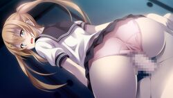 ass back blush brown_hair censored clothed_female_nude_male clothing female from_behind game_cg green_eyes highres long_hair looking_back lying mosaic_censoring noba open_mouth panties panties_aside penetration penis school_uniform sex sitting sitting_on_person skirt solo_focus tegome_ni_sareru_kyuunin_no_otome tied_hair twintails underwear vaginal_penetration yobai_suru_shichinin_no_harame_2