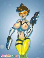 1girls animated blizzard_entertainment boobella breasts brown_hair cameltoe chronal_accelerator dual_wielding female female_only gif gloves goggles gun large_breasts navel nipples overwatch short_hair smile solo standing straps suspenders thigh_gap tracer weapon