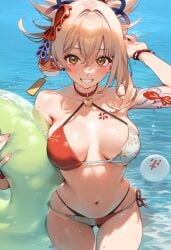 1girls ai_generated beach big_breasts bikini breasts busty curvy genshin_impact large_breasts orange_eyes orange_hair solo tattoo yoimiya_(genshin_impact)