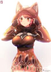 1girls animal_ear_hood breasts brown_hoodie cat_ears chinchongcha disguised_pyra fake_animal_ears fingerless_gloves gloves hoodie large_breasts looking_at_viewer nintendo pyra red_eyes red_hair short_hair swimsuit swimsuit_under_clothes xenoblade_(series) xenoblade_chronicles_2