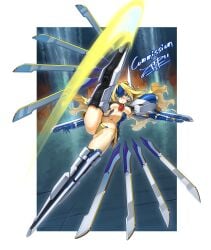 arm_blade ass_visible_through_thighs blonde_hair blue_eyes breasts c-string crotch_plate female floating floating_object floating_sword floating_weapon full_body headgear high_kick highres kicking leg_up long_hair maebari mecha_musume mechanical_legs medium_breasts mu-12 navel nipples noel_vermillion original revealing_clothes solo strapless_bottom sword takada_kazuhiro weapon