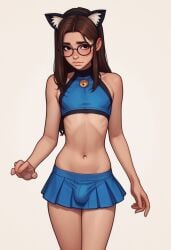 1boy ai_generated androgynous black_eyes blue_crop_top blue_topwear blush brown_hair bulge catboy civitai claire_(truep81) crop_top crossdressing embarrassed femboy feminine_male glasses long_hair looking_at_viewer male_focus male_only thick_thighs thighs truep81_(artist)