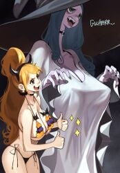 2girls bat bat_bikini bat_earrings big_breasts bikini blue_hair breasts charlotte_amande choker cleavage encouragement female female_only halloween halloween_2023 halloween_costume jerrydurd nami nami_(one_piece) one_piece orange_hair size_difference thumbs_up wide_hips witch_hat