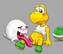 2boys anthro ass balls blush boo_(mario) cum duo erection fellatio footwear furry furry_only grey_background humanoid_penis johawk koopa koopa_troopa long_tongue male male_only mammal mario_(series) masturbation multiple_boys nintendo nude open_mouth oral penis reptile scalie sex shell shoes simple_background small_penis smile teeth tongue tongue_out turtle yaoi