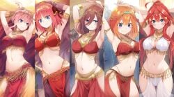 5girls ai_generated arabian_clothes arm_up blue_eyes blush breasts brown_hair go-toubun_no_hanayome gold_jewelry hair_ornament harem_outfit light-skinned_female long_hair lots_of_jewelry nakano_ichika nakano_itsuki nakano_miku nakano_nino nakano_yotsuba orange_hair pink_hair red_hair short_hair sisters