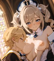 1boy 1girls aether_(genshin_impact) ai_generated barbara_(genshin_impact) blonde_hair breastfeeding genshin_impact horny_female long_hair mihoyo pleasure_face sex straight