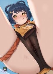 1girls ai_generated blue_eyes cameltoe genshin_impact looking_at_viewer looking_down naughty_face pussy_juice sefionnsfw solo solo_female solo_focus thigh_strap thighs tongue tongue_out xiangling_(genshin_impact) yellow_eyes