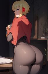 1girls ai_generated ass ass bedroom black_bodysuit blonde_hair bodysuit cape earrings eteeming female_only kara_zor-el my_adventures_with_superman power_girl short_hair solo voluptuous voluptuous_female