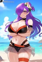 1girls ai_generated arms_crossed beach belt bikini black_bikini breast_support breasts crossed_arms embarrassed female female_only fire_emblem hi_res highres large_breasts light-skinned_female light_skin long_hair matching_hair/eyes multi-strapped_bikini_bottom orange_bikini orange_legwear primosan purple_eyes purple_hair rocks seaside see-through_clothing shez_(female)_(summer)_(fire_emblem) shez_(fire_emblem) skindentation skirt solo standing swimsuit thigh_strap violet_eyes violet_hair water