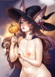 1girls bangs barely_clothed brown_hair cape casual casual_nudity cat_ears catgirl completely_nude costume curvy d.va face_markings glowing glowing_body halloween halloween_costume hat jack-o'-lantern long_hair markings mude overwatch potatodrawss pumpkin sidelocks small_breasts solo thick_thighs wide_hips witch witch_costume witch_hat