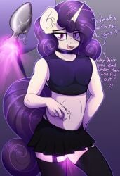 1boy 1femboy anthro buttplug buttplug_in_ass choker crop_top crossdressing czu english_text feminine_male friendship_is_magic garter_straps hi_res horn legwear light_buttplug lube midriff my_little_pony navel original_character pleated_skirt purple_eyes purple_hair purple_tail skirt tail text thighhighs toned unicorn unicorn_horn white_fur zettai_ryouiki