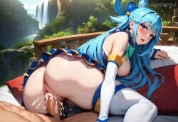 1boy 1girls ai_generated anilvl anus aqua_(konosuba) ass bare_shoulders blue_eyes blue_hair blue_shirt blue_skirt blush bow breasts clothed_sex cowgirl_position cum cum_in_pussy cum_overflow detached_sleeves ejaculation from_behind green_bow hair_ornament hair_rings kono_subarashii_sekai_ni_shukufuku_wo! large_breasts long_hair looking_at_viewer looking_back miniskirt nipples no_panties open_mouth outdoors parted_lips penis pussy sex sex_from_behind shirt skirt solo_focus straddling straight thighhighs thighs uncensored vaginal_penetration water waterfall white_thighhighs