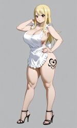 ai_generated blonde_hair brown_eyes chloenette69 fairy_tail large_ass large_breasts long_hair looking_at_viewer lucy_heartfilia maid_uniform naked_female petite_body solo_female stiletto_heels tattoo thick_thighs