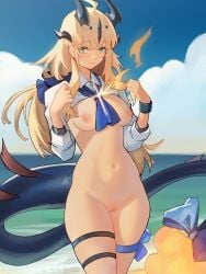 1girls absurdres ahoge alt_text arknights beach blonde_hair blue_sky breasts commentary cowboy_shot cropped_shirt dragon_girl dragon_horns dragon_tail female female_only green_eyes highres horns light-skinned_female light_skin long_hair long_sleeves medium_breasts navel ninra nipples nude ocean paid_reward_available pussy reed_(arknights) reed_the_flame_shadow_(arknights) reed_the_flame_shadow_(summer_flowers)_(arknights) sand sky solo stomach summer tail thigh_strap uncensored