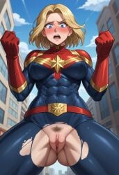 abs accidental_exposure ai_generated blush captain_marvel carol_danvers embarrassed female marvel muscular_female outdoors outside pubic_hair public public_exposure public_nudity pussy shocked shocked_expression torn_clothes torn_clothing torn_costume wide-eyed