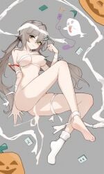 bandage_on_thigh bandaged_arm bandages blush breasts commentary_request egg_vibrator female full_body ghost green_eyes grey_background halloween highres honkai:_star_rail honkai_(series) implied_after_masturbation inniyik jack-o'-lantern light_brown_hair long_hair looking_at_viewer low_twintails mahjong_tile medium_breasts naked_bandage parted_lips pussy_juice qingque_(honkai:_star_rail) sex_toy single_bare_foot single_pasty single_sock skindentation socks soles solo twintails vibrator